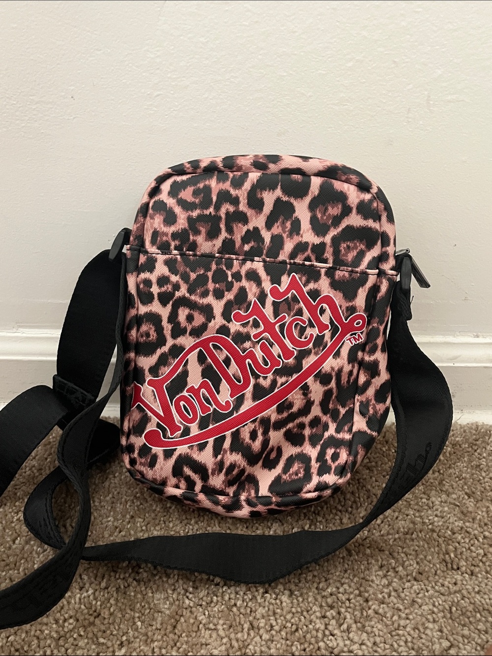 Von Dutch Pink Leopard Print Crossbody with Red Logo